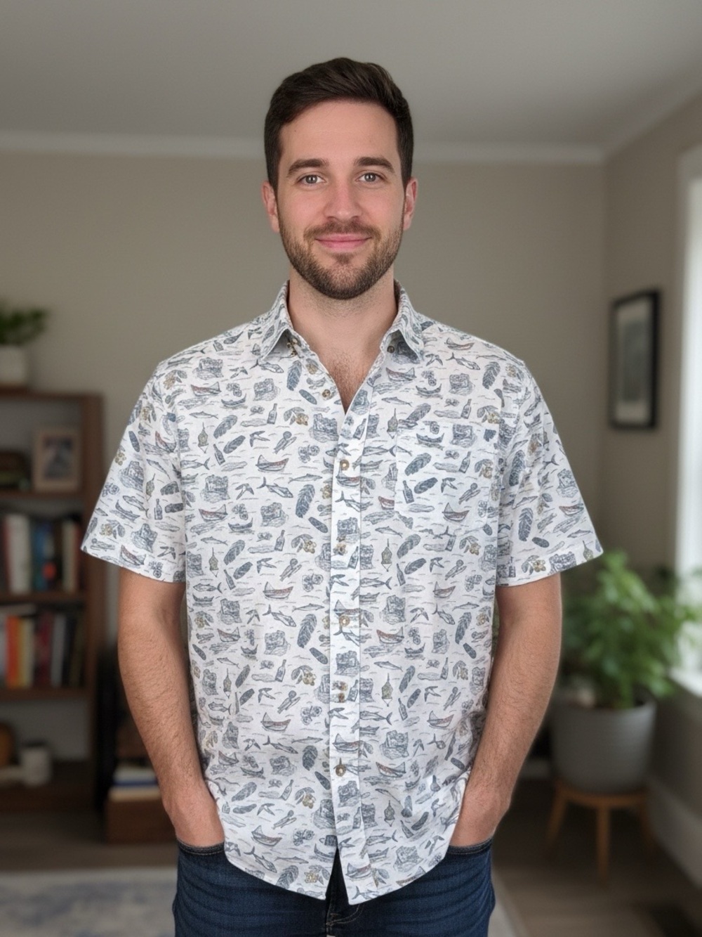 Southern Tide Short-Sleeve Button-Down Linen Rayon Euro Scenic Print Shirt Small